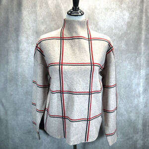 Tahari Women’s L Buffalo Plaid Long Sleeve Mock Neck Sweater Oatmeal Red Black